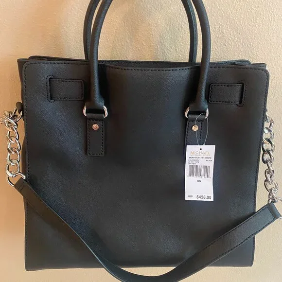 MICHAEL KORS Black Saffiano Large Leather Microstudded Hamilton Tote NEW